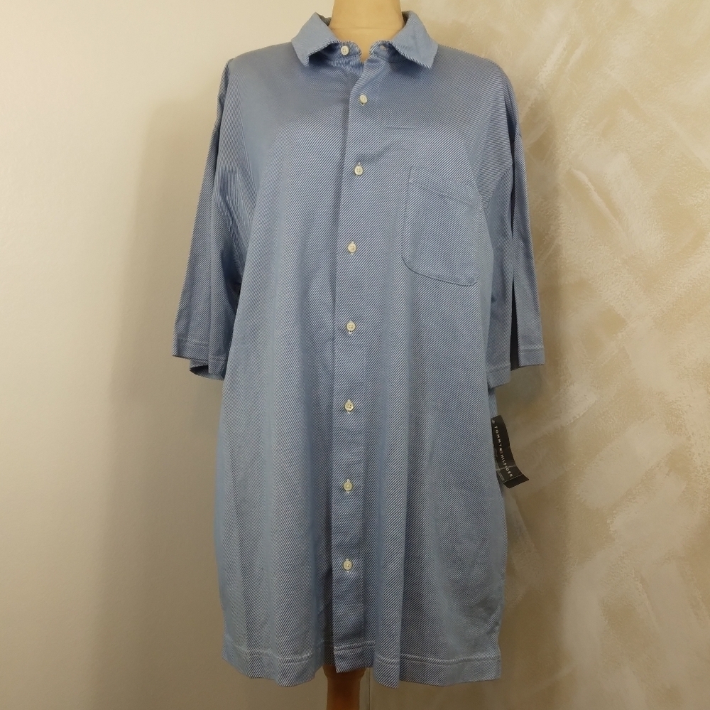 Tommy Hilfiger Short Sleeve Button Up Blue White 100% Cotton